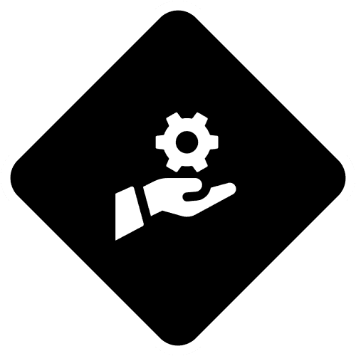 Hand holding a gear icon inside a black diamond sign.