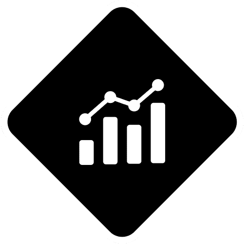 White graph bars and line on black diamond background.