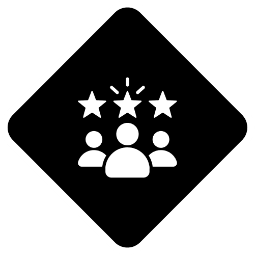 Icon of three people with three stars above them on a black diamond background.